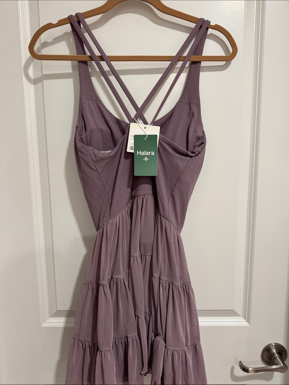 HALARA Mauve Tiered Crisscross dress with built in shorts - Picture 2 of 5